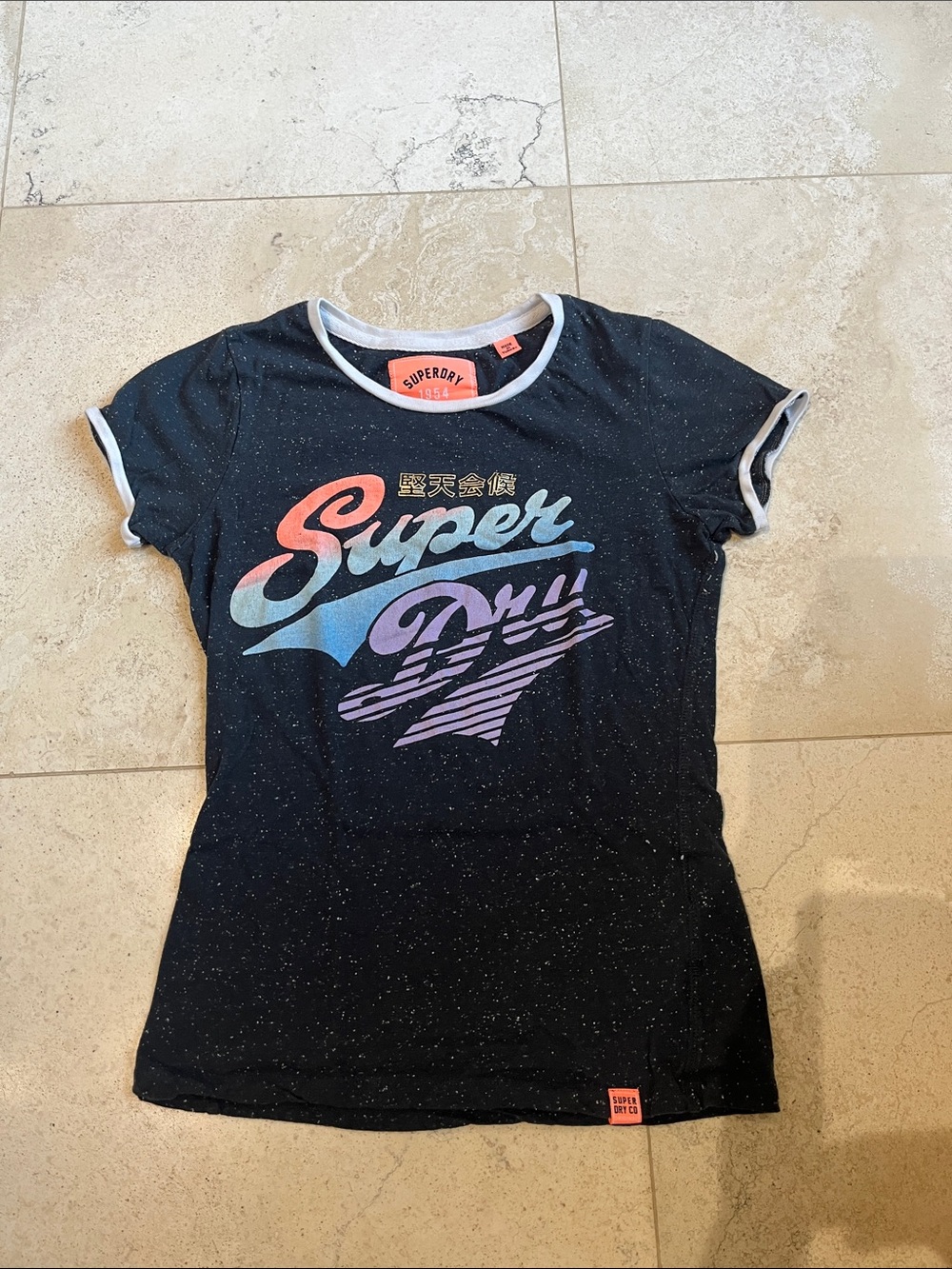 Superdry Black Speckle Paradise Stacker Ringer T-Shirt Sz Small